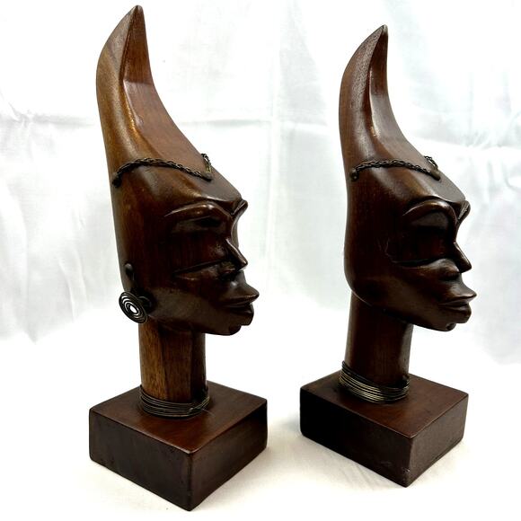 set African Vintage Statues Art Collectible couple with jewelry hand carved Bust - Picture 2 of 7